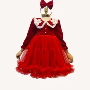 Champagne Red Long Sleeve Elegant Collar Doll Dress Cute Lace Flower Girl Princess Dress