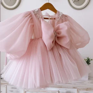 Pink Children’s Dress Girl Birthday Party High-grade Princess Dress Flower Design fairy Dreamy Western Style Tutu Skirt