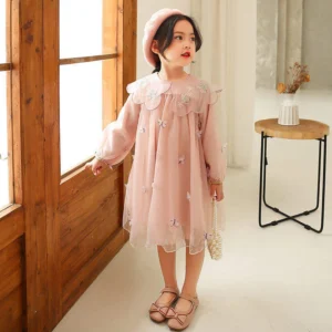 Girls’ Dress Solid Sweet Lace Worsted Two-tone Eco-friendly Knee-length Long-Sleeved Princess Dress
